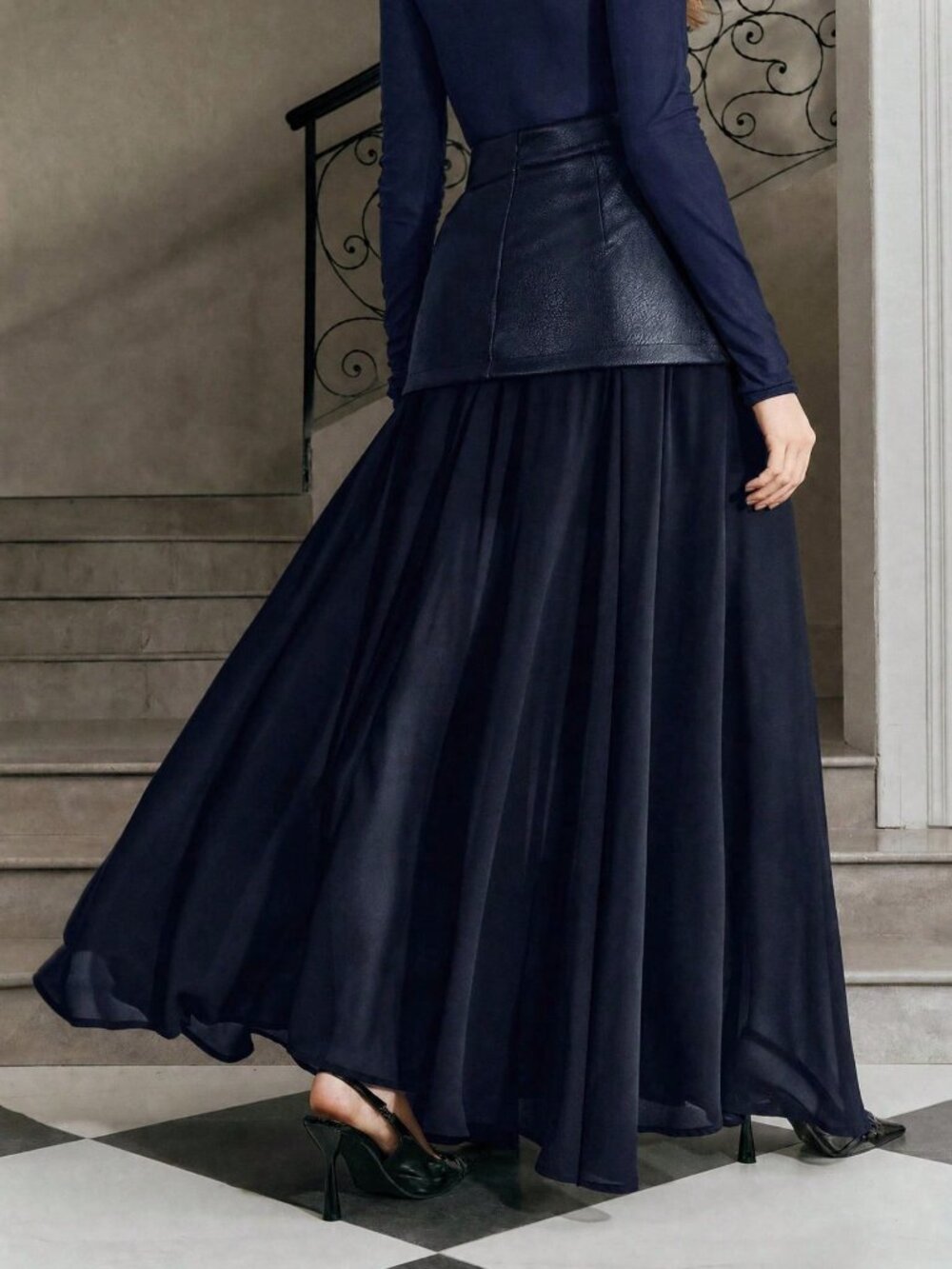 Navy Blue Casual Women's Scallop Belted Draped Flared Chiffon Long Skirt - Picture 6 of 7